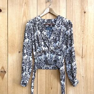Anthropologie Faux Wrap Long Sleeve Printed Blouse Sz XS